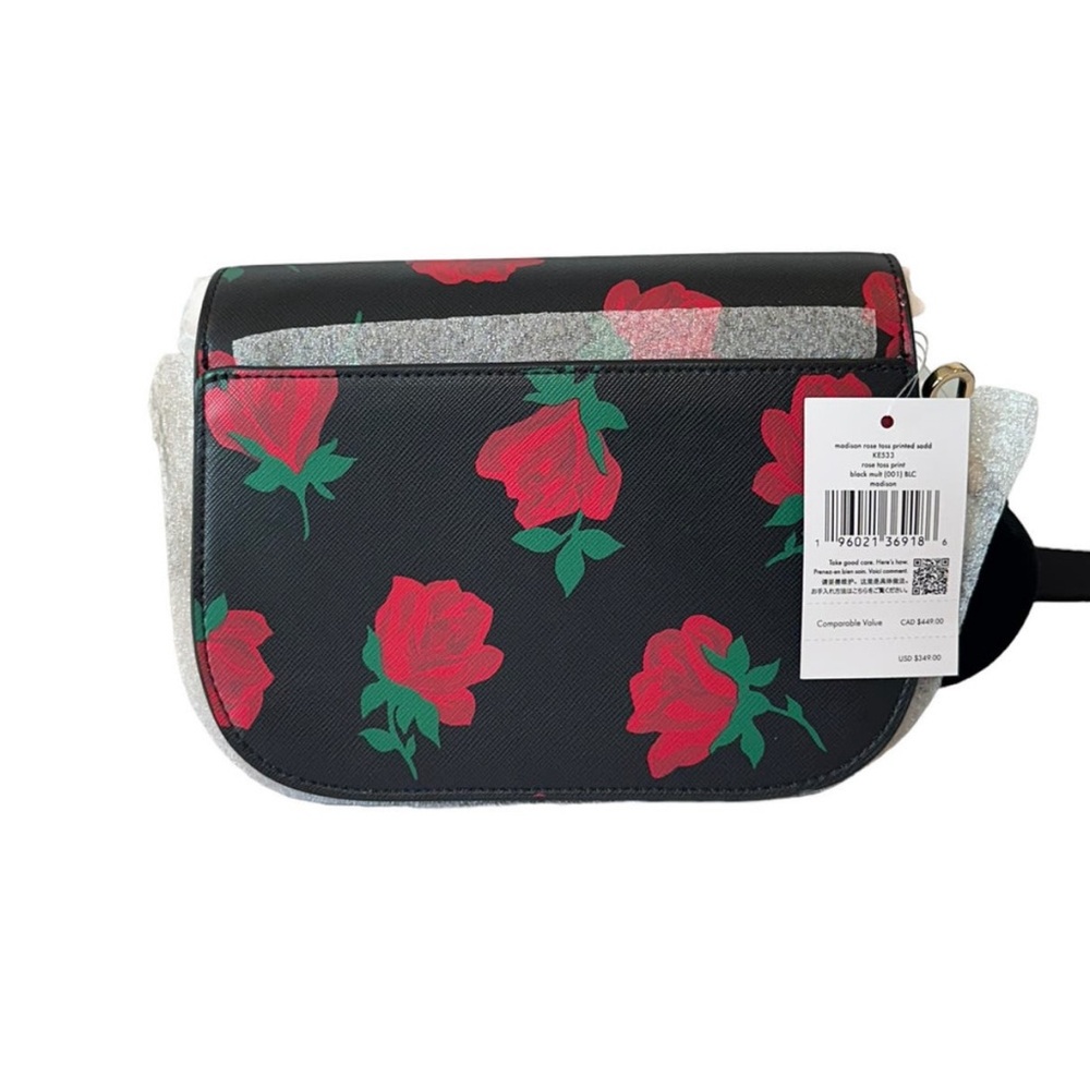 Kate Spade Authentic Madison Rose 🌹 toss print Saddle Bag Black PurseKE533NWT